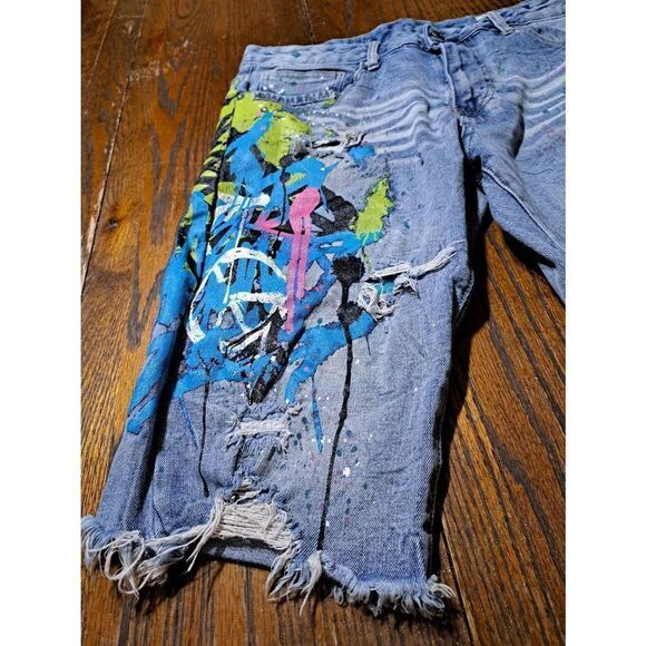 Size 34 Smoke Rise Graffiti Distressed Destroyed  Denim Jean Shorts Streetwear - Picture 3 of 7